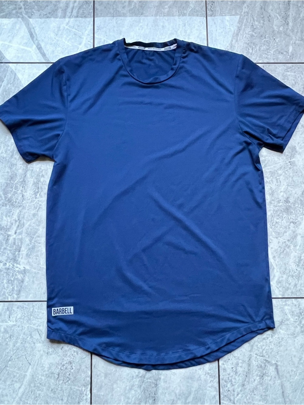Barbell Apparel Men's Navy Fitted Drop Hem Training Athletic Logo T-Shirt Poly L